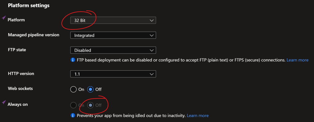 Azure App Service settings for free option